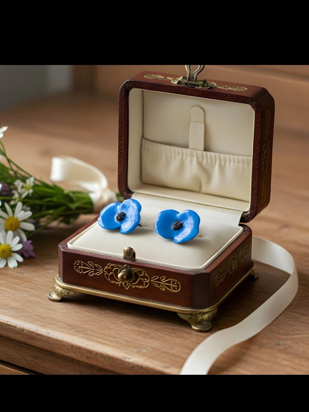 #399 HAND CRAFTED Earrings handcrafted handmade Flower Resin Blue Studs